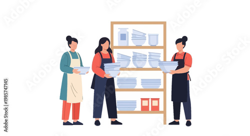 Three women shopping for tableware in a kitchen supply store