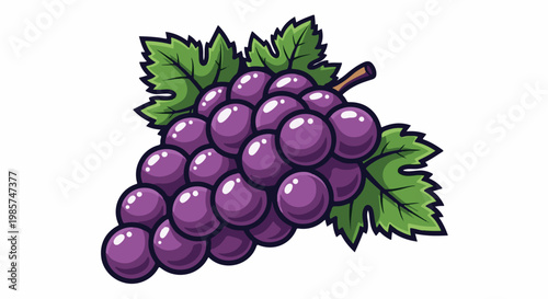 A vibrant bunch of plump purple grapes with green leaves