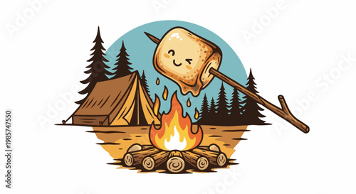 A smiling marshmallow is toasted over a campfire next to a tent