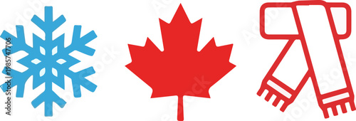 Blue snowflake red maple leaf and red scarf icons representing winter season and iconic symbols of the country Canada