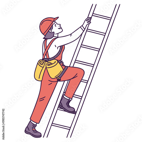 Woman engineer with tool pouch on ladder utility.