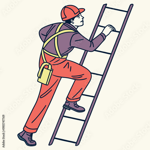 Worker in harness climbs ladder carrying toolbox.