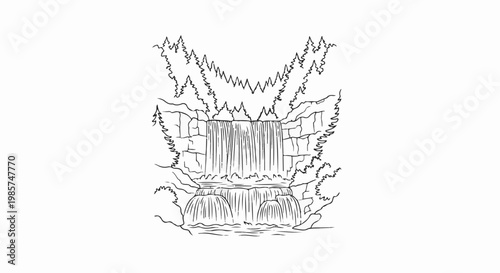 A stylized line drawing depicts a multi-tiered waterfall with rocky cliffs and pine trees