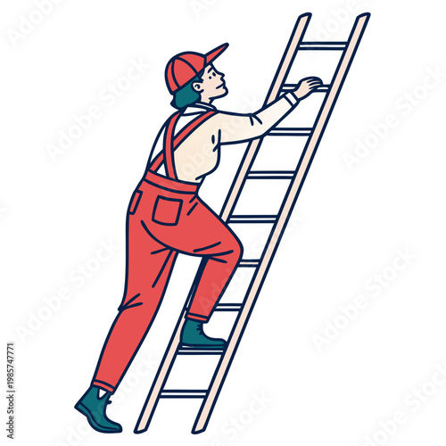 Female laborer wearing cap climbs up high ladder.
