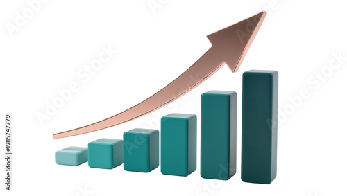 Canvas Print Rising copper arrow graph over teal bars, isolated on transparent background