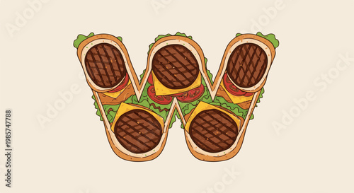A stylized letter 'W' formed from layered sandwiches with grilled patties