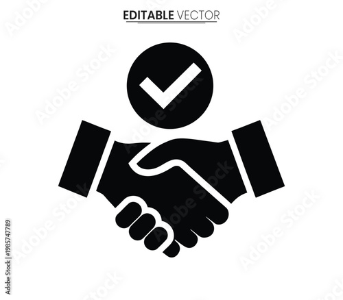 A black handshake icon with a checkmark inside a circle silhouette