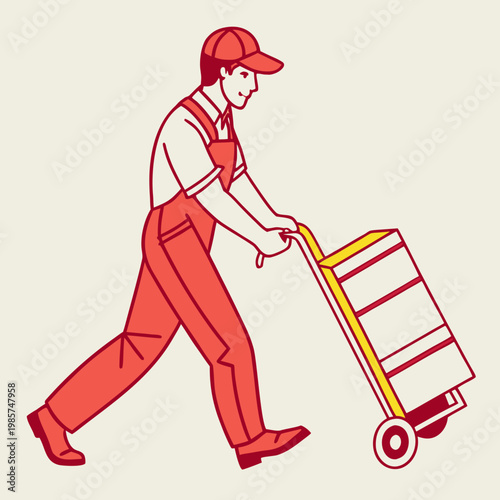 Warehouse loader moving boxes on manual hand cart.