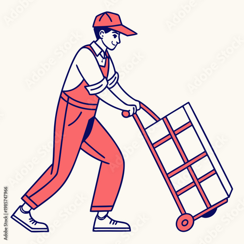 Delivery man pushing empty hand truck on white.