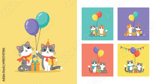 Set of cute flat style vector illustrations featuring cartoon cats celebrating with party hats, balloons, gift boxes, and festive decorations on colorful square backgrounds.
