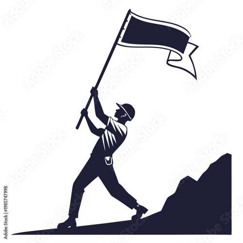 Worker raising flag on mountain achievement concept.