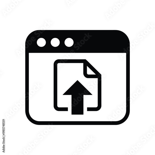 Black and white icon depicting a browser window with an upload symbol