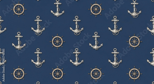 Nautical Anchor and Ship Wheel Seamless Pattern on Navy Blue Background Marine Design