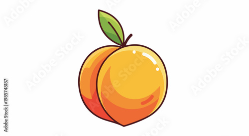 A vibrant, cartoon-style peach with a single green leaf and stem