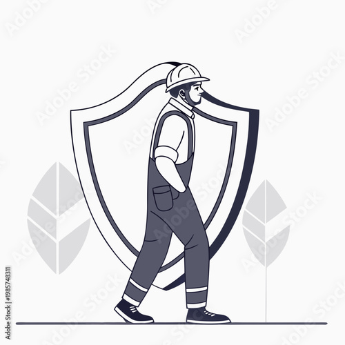 Industrial employee walking past protective shield.
