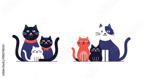 Flat vector illustration featuring two sets of stylized cartoon cat families. Includes black, dark blue, white, and ginger felines with red collars on a clean white background.