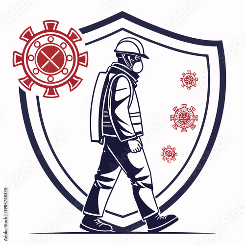 Worker in hazmat gear protected by safety shield.