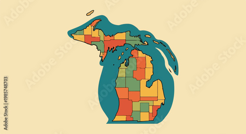 A stylized map of Michigan with colorful counties outlined in black