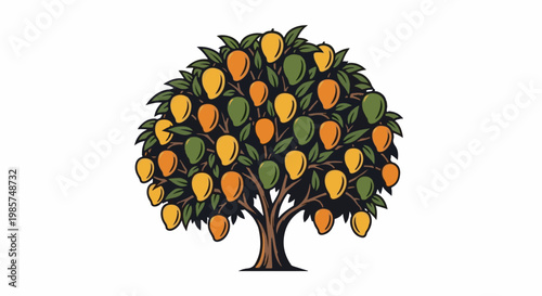 A stylized mango tree laden with ripening yellow, orange, and green fruits