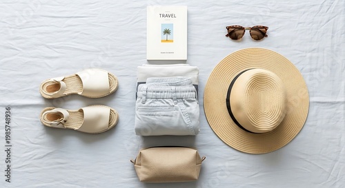 Travel essentials, summer vacation outfit, beige accessories, sandals, sunglasses, hat
