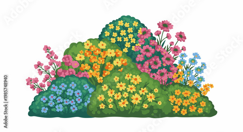 A vibrant cluster of lush green bushes overflowing with a riot of colorful, small flowers