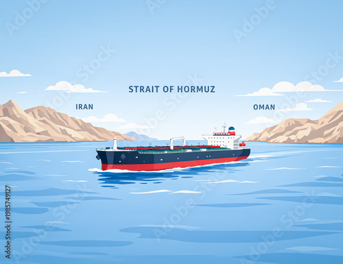 Clean vector illustration of oil tanker navigating the Strait of Hormuz between Iran and Oman with calm water, minimal design and soft coastal mountains in the background.