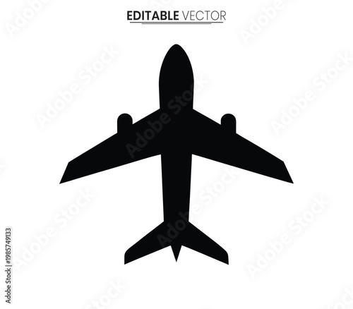 Overhead view of a passenger airplane simple design black silhouette