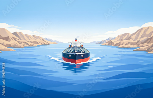 Symmetrical front view of cargo vessel crossing the Strait of Hormuz in clean vector style, featuring calm sea surface and balanced composition without informational text elements.