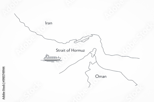 Simple line drawing map of the Strait of Hormuz highlighting Iran and Oman with minimal ship icon and geographic outlines in monochrome educational infographic style.