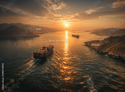 Golden sunset aerial view of cargo ships sailing through the Strait of Hormuz with dramatic light reflections on water and mountainous coastline between Iran and Oman.