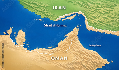 Stylized topographic map of the Strait of Hormuz with bold colors and clear borders highlighting Iran and Oman, designed as an educational geographic visualization.