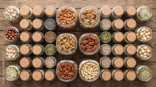 Glass jars with nuts seeds and grains zero waste kitchen storage