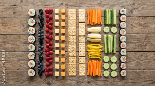 Healthy snack assortment with sushi fruit vegetables and crackers