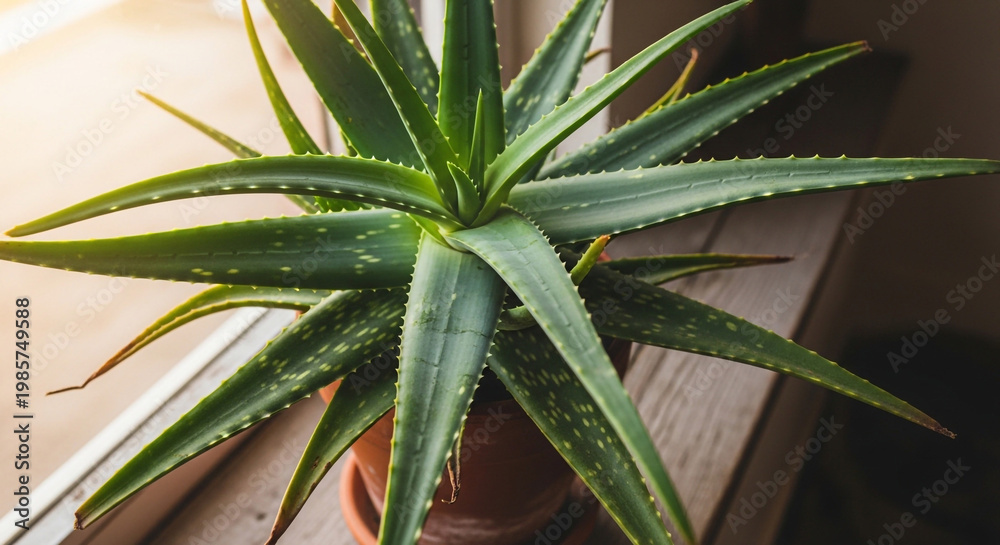 Obraz premium Potted aloe vera plant with thick green succulent leaves in natural light