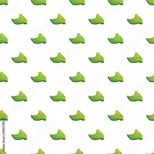 Repeating green folklore dwarf shoes with gold buckles creating a seamless pattern