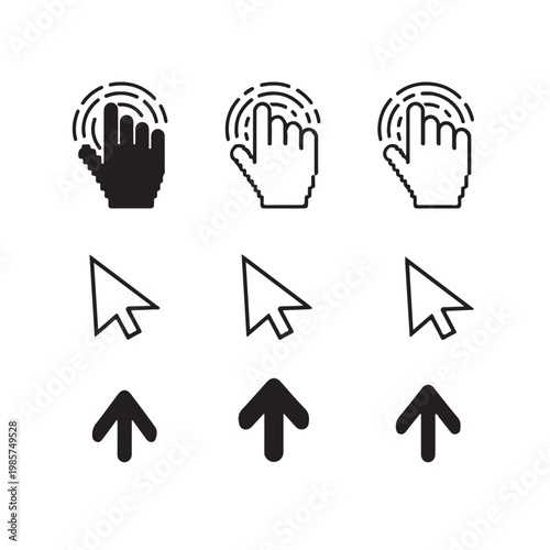 Computer Mouse Cursor and Hand Pointer Vector Icon Set with Arrow, Finger Click, and Upload Symbols