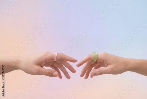 Minimalist pastel background with two hands reaching toward each other wearing colorful resin rings for connection and modern lifestyle concept.