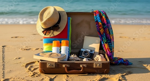 Beach vacation, travel luggage, summer essentials, coastal getaway