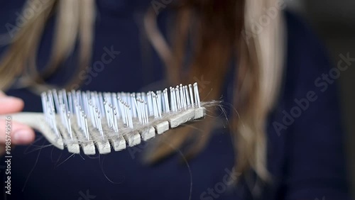 Caucasian woman holding a hairbrush with strands of hair caught in the bristles, showcasing the grooming process in a well-lit indoor setting