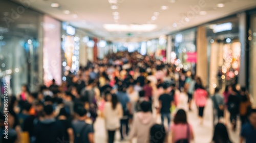 Abstract blurred photo of many people shopping inside department store or modern  shopping mall. Urban lifestyle and black Friday shopping, motion, speed, blurred, group, city, modern