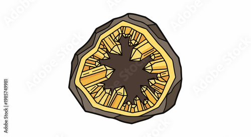 A stylized illustration of a cut open geode with sparkling yellow crystals inside