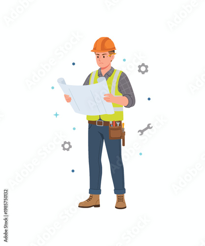 construction worker with laptop reviewing plans vector illustration