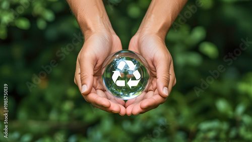 Human hands holding a glass sphere with a white recycling symbol inside against a green background