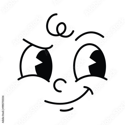 Retro cartoon face with confident smiling expression and raised eyebrow