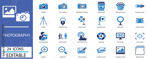 Photography Icon Set. Vector Glyph Photography Icons for Photo Studio, Camera Equipment and Digital Imaging,Lens,Photographer and more.Solid vector icons collection. 
