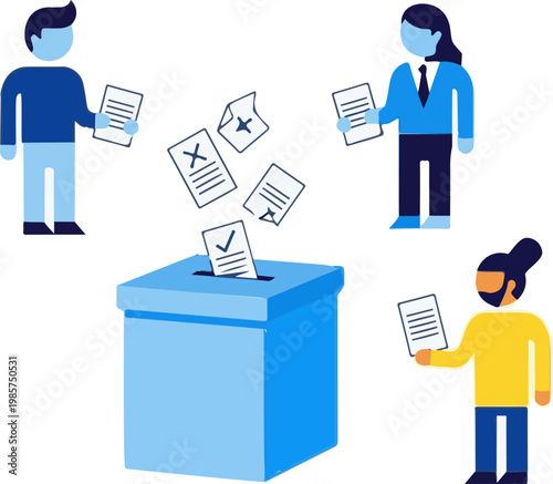 Diverse people standing around a large blue ballot box while casting their votes during a public democratic election process