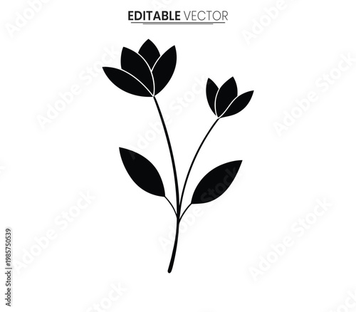 Minimalist floral design with two flower blooms and leaves a black silhouette