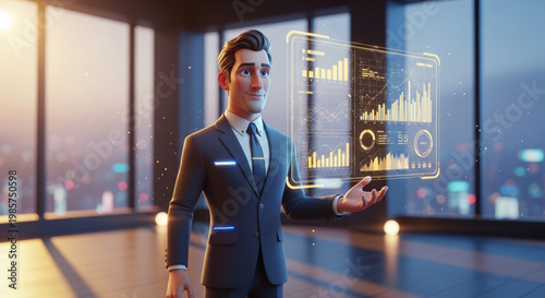 CEO of a tech startup in an ultra-realistic cartoon style, elegant futuristic suit, holographic control panel floating beside him, cinematic lighting.