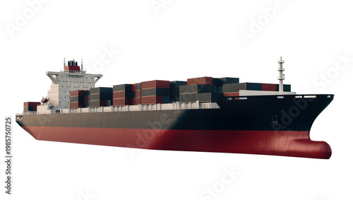 Photos Large cargo container ship with red hull and stacked cargo, isolated on transpar