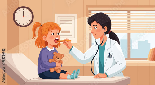 Female doctor examining a young girl in a pediatric clinic with a teddy bear